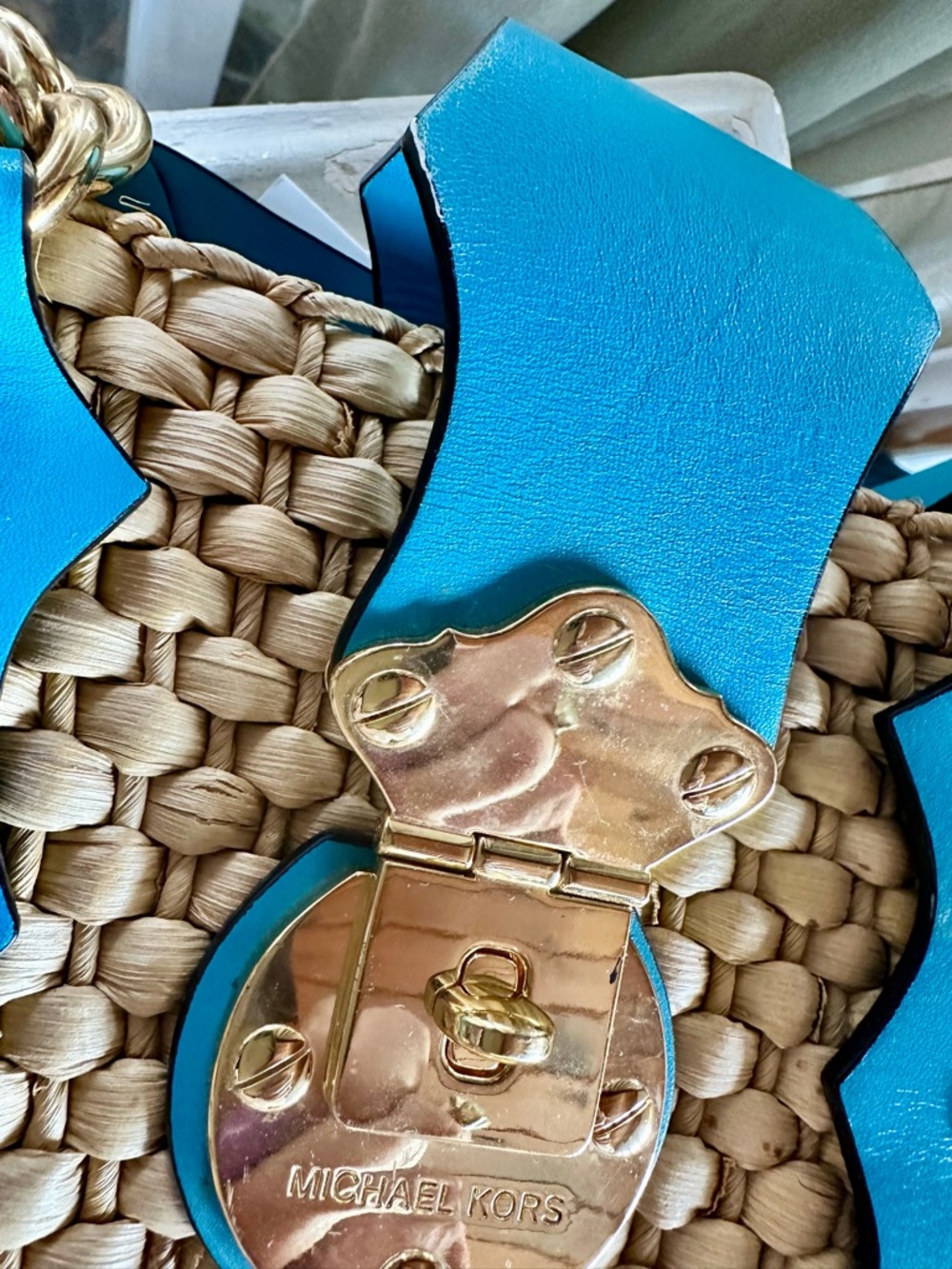 Michael Kors Aqua-Trim Woven Straw Tote with Gold Hardware. Perfect for summer! - Picture 7 of 16